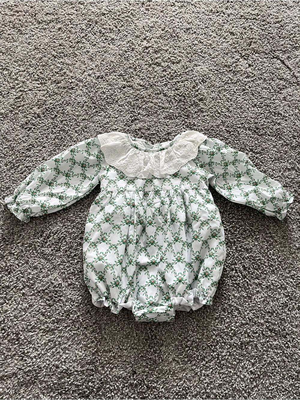 Eliza James Kids Classic White & Green Floral Bubble Romper with Lace Collar